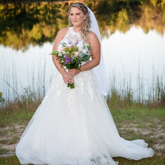 High Neck Lace Applique Tulle Wedding Dress - Picture 8 of 8